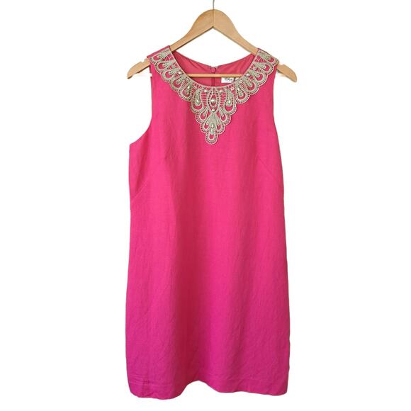 ELIZA J Hot Pink Linen Gold Lace Sleeveless Shift Dress Size 12 Preppy Party - Picture 7 of 10